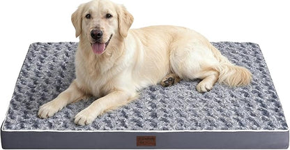 Dog Bed Mats for Large Big Dog - Orthopedic Dog Pet Durable Crate Bed Mattress of Thick Egg Foam Crate, Rose Plush Washable Cover, Waterproof Lining and Non-Slip Bottom(L(36''x27''x3''), Grey Side)