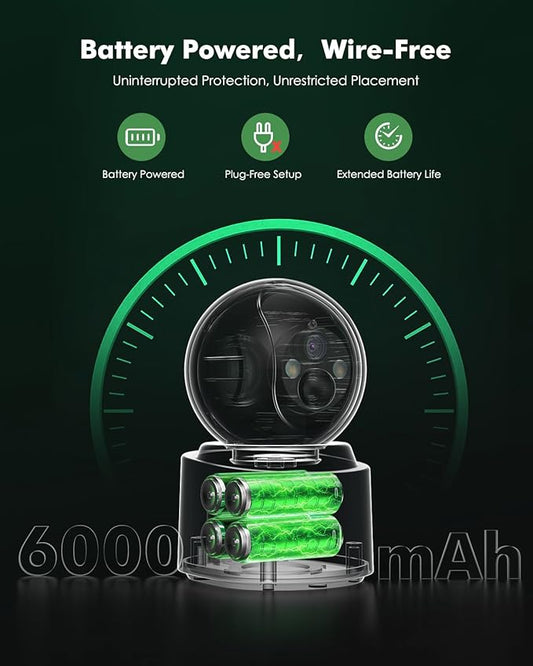 Battery Powered Indoor Camera Wireless, PTZ Pet Camera with 6000mAh Rechargeable, Dual-Band WiFi, 2.5K 4MP Color Night Vision, SD/Cloud Storage, 2-Way Audio, APP Remote, Cat/Dog/Kids/Home Monitoring