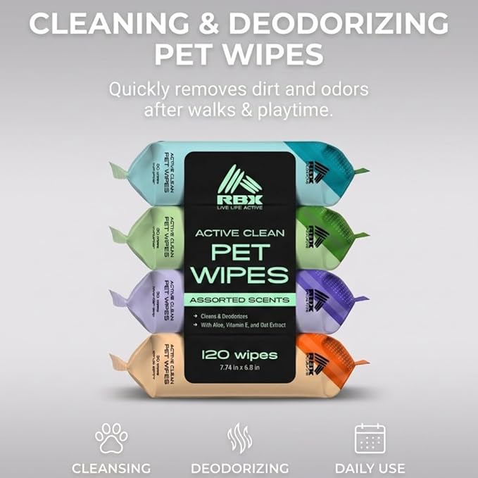 RBX Active Clean Dog Wipes for Paws and Butt (120 Count) – Pet Wipes Cleaning & Deodorizing with Aloe, Vitamin E & Oat Extract – Hypoallergenic Puppy Wipes, 4 Scents