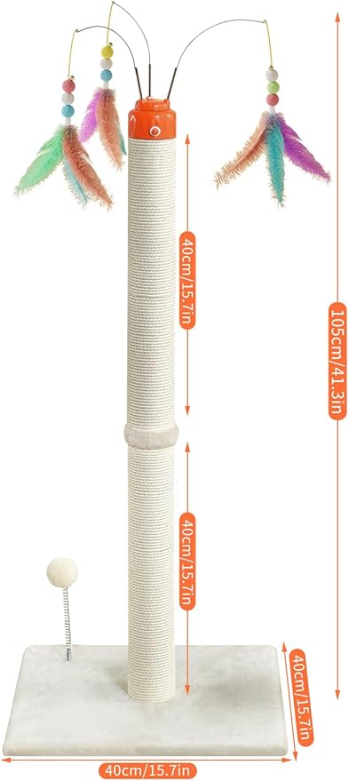 YARUOMY Cat Scratching Post ，41.3" Sisal Rope Cat Scratcher Tall Scratching Post for Indoor Cats Adult with Interactive Cat Toys Automatic Teaser Wand and Rotating Hanging Balls