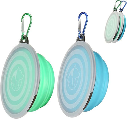 SLSON Collapsible Bowl with Cover Lids,2 Pack Dog Travel Bowls Portable Foldable Cat Water Dish Bowl for Pets Walking Parking Camping (Light Blue and Green, Small)