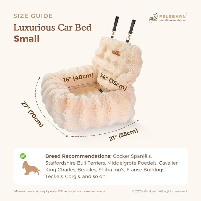 Pelsbarn Luxurious Cozy Car Bed - Small Luxury Travel Dog Bed with Safety Belt - Ultra Soft Faux Fur - Beige