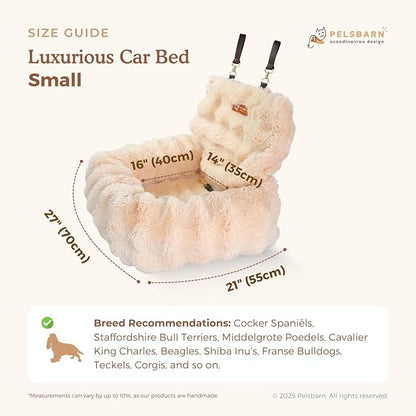 Pelsbarn Luxurious Cozy Car Bed - Small Luxury Travel Dog Bed with Safety Belt - Ultra Soft Faux Fur - Beige