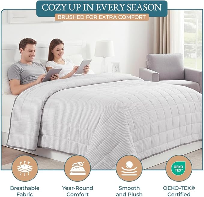 Casa Platino Quilted Blanket Twin XL – Pre-Washed Lightweight Down Alternative Bedding, Reversible Microfiber - All Season Use – Ticking Stripe Silver