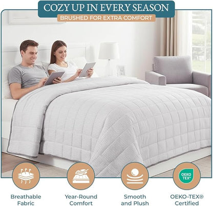 Casa Platino Quilted Blanket Twin XL – Pre-Washed Lightweight Down Alternative Bedding, Reversible Microfiber - All Season Use – Ticking Stripe Silver