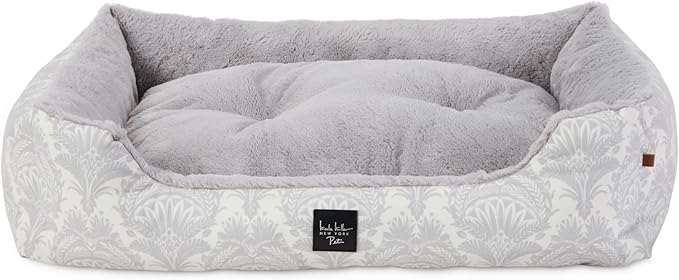 Nicole Miller NEW YORK PET Mod Damask Plushy Bolster Pet Bed, Cozy & Calming, Non-Slip Bottom, Machine Washable Cover, Grey, Small 24"x19"x7"