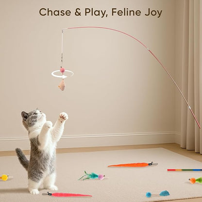 Cat Toys for Indoor Cats, 11 Packs Interactive Cat Wand Toy Set with Feather Toys&Ribbon Refills,Retractable Cat Wand with Bell Refills for Kittens Play and Exercise
