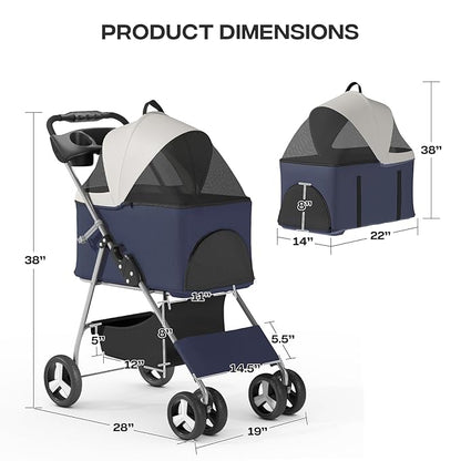 3-in-1 Visible Foldable Pet Carrier, Detachable Car Seat and Stroller with Push Button Entry for Small Pets, Cat Dog Carrier for Medium Dogs Cats Load Up to 33 lbs, Navy Blue