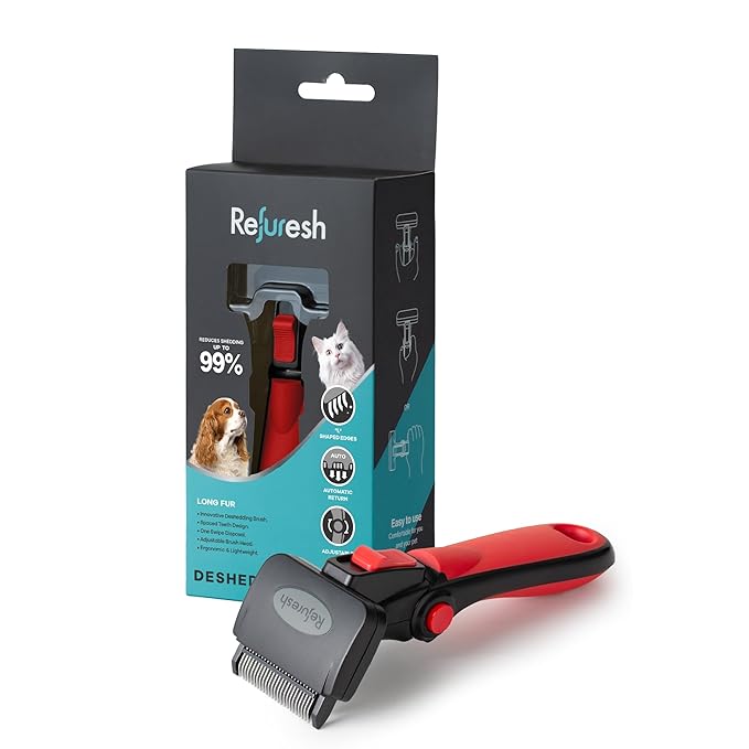 Deshedding Dog Brush for Long Hair (Small,Red) – Gentle Deshedding Tool for Dogs & Cats – Reduces Shedding, Without damaging Topcoat. Removes Loose Fur & Dead Undercoat.