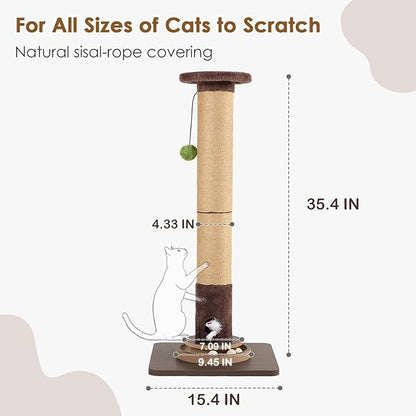 35.4" Tall Sisal Cat Scratching Post, Anti-Tip Stable Base, Interactive Mouse Hole & Toys, Furniture Grade Wood Cat Scratcher Tower for Indoor Cats