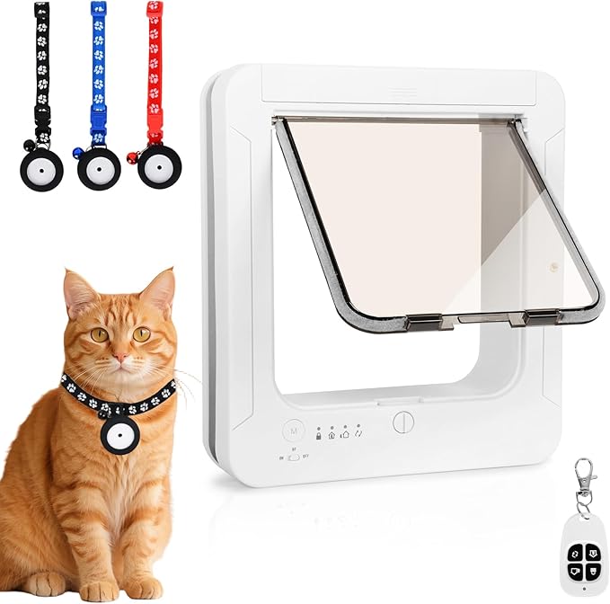 Smart Cat Door for Interior & Exterior, Flap Opening is 7.67’’ (H) by 7'' (W), RFID Cat Pet Door with 3 RFID Collar Sensor Keys & 1 Remote & 4 Way Locking Cat Flap, Automatic Opening Cat Door ﻿(White)