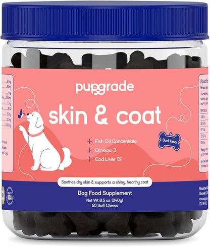 PupGrade Skin & Coat Soft Chew Supplement for Dogs – Supports Healthy Skin, Coat, and Immune Function - Rich in Natural Fish Oil, Omega Fatty Acids, and Vitamins – 60 Soft Chews