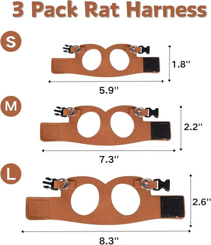 3 Pack Rat Harness and Leash - Adjustable Soft Leather Small Animal Harness Leash Traction Rope Anti-Bite Chain Training Walking Vest Accessories for Squirrel Reptile (Brown)