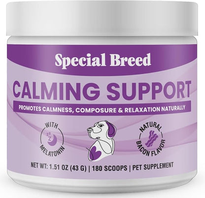 Calming Supplement for Dogs with Melatonin – Dog Calming Powder with Chamomile & Valerian Root – Supports Relaxation & Composure for Travel, Fireworks & Vet Visits - Bacon Flavor - 180 Scoops