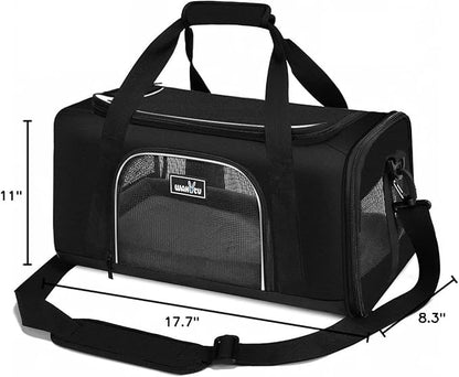 Wakytu TSA Approved Pet Carrier for Small Medium Cats and Dogs | Dog Carrier with Adequate Ventilation | 4 Mesh Windows, 3 Entrance, Locking Safety Zippers, Padded Shoulder Strap, Black
