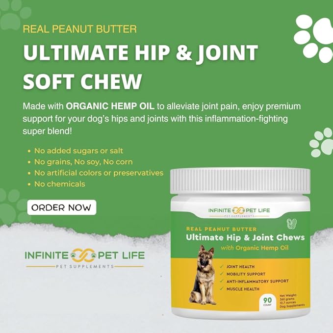 Infinite Pet Life Ultimate Hip & Joint Chews for Dogs – Peanut Butter Flavor – Glucosamine, Chondroitin, MSM & Turmeric – Advanced Joint Support for Dogs 90 Soft Chews