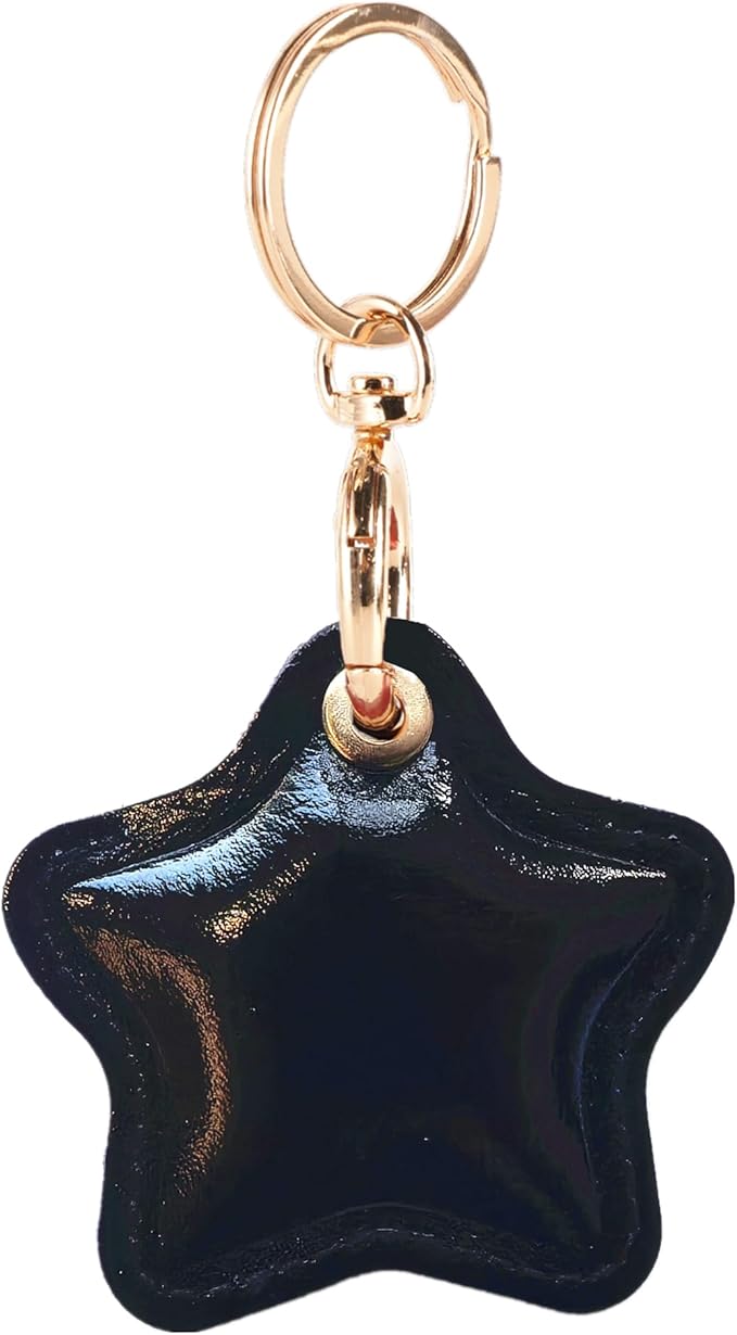 Leather Charm Keychain Holder Case Compatible with AirTag,Cute Protective Star-Shaped Cover with Luxe Ring Clip,Finder GPS Tracker Case for Wallet Keys,Bag,Pets(Black)