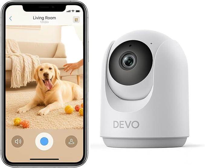 Devo Indoor Security Camera for Home, 2K 360 Pan-Tilt Pet Dog Baby Monitor Camera with Phone App, WiFi Smart Camera Motion Detection, Color Night Vision, 2-Way Audio, 256GB SD White