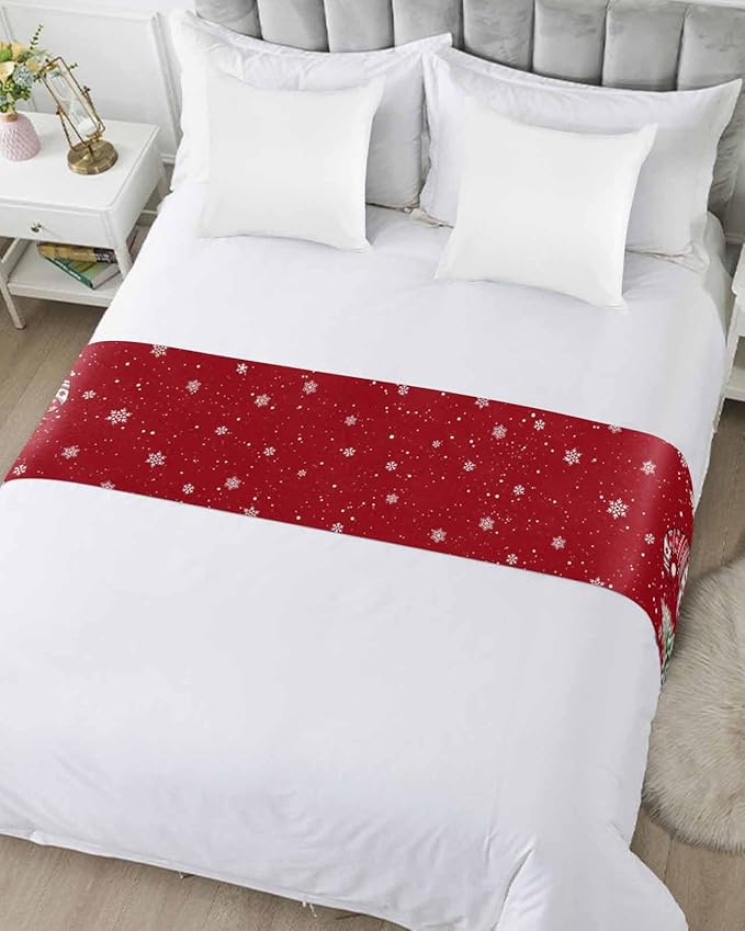 Christmas Gnomes Red Bed Runner for King Size Bed, Xmas Decorative Bed Scarf Throws for Foot of Bed, Rustic Tree Snowflake Luxury Bedding Protector Slipcover Bed Runners for Hotel/Home, 94 x 20 Inch