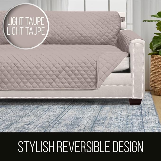 Sofa Shield Couch Slip Covers for Dogs, Reversible Furniture Protector with Strap, Stain and Tear Resistant Cushion Cover, 70 inch Seat, Machine Washable Slipcover Pets, Cats, Light Taupe
