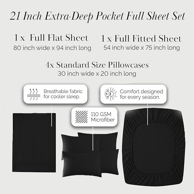 Southshore Fine Living, Inc. 6-Piece Full Sheet Set Premium Bedding, 21-Inch Black Full Size Sheets Set, 1 Deep Pocket Fitted Sheet, 1 Flat Bedsheet, Queen Pillow Cases, Black Sheets