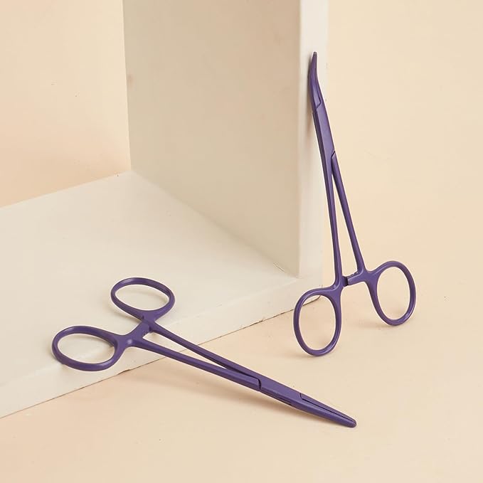 Pets ears/nose hair Puller Straight & Curved full serrated, stainless steel Home Hemostat Locking Forceps, Professional pet grooming tool for cats & dogs 2pcs set （purple）