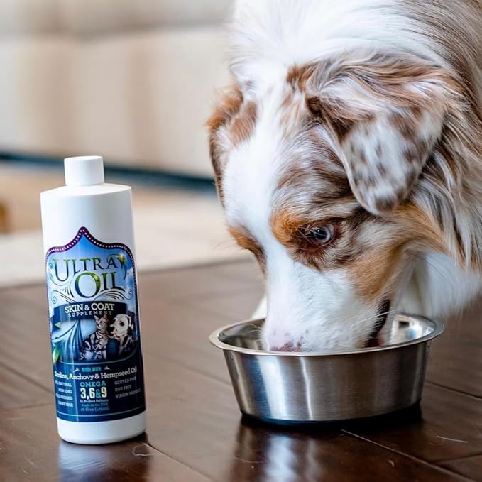 Ultra Oil Skin and Coat Supplement for Dogs and Cats with Hemp Seed Oil, Flaxseed Oil, Grape Seed Oil, Fish Oil for Relief from Dry Itchy Skin, Dull Coat, Hot Spots, Dandruff, and Allergies 128 Ounce