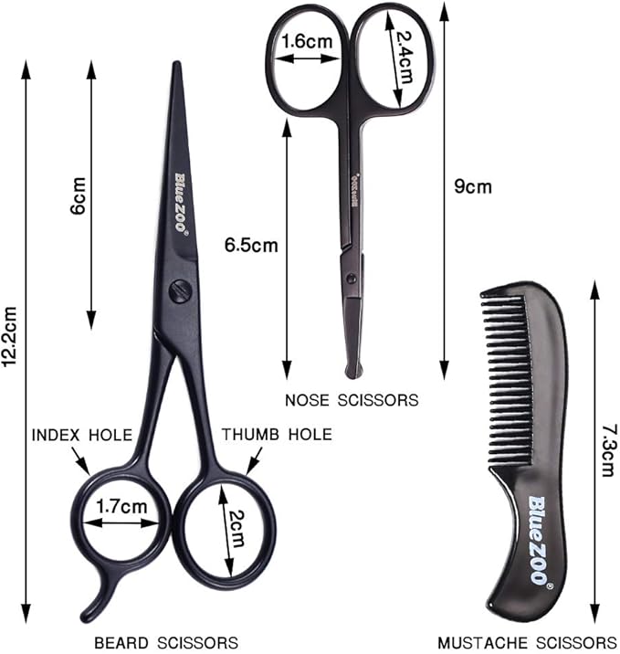 BlueZOO Beard Mustache Scissors and Comb Kit with PU Storage Bag, Rounded Safety Nose Hair Scissor for Men and Women Care Grooming, Ear Trimming Tool, Shears for Personal Grooming, Cutting & Styling