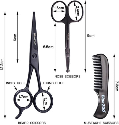 BlueZOO Beard Mustache Scissors and Comb Kit with PU Storage Bag, Rounded Safety Nose Hair Scissor for Men and Women Care Grooming, Ear Trimming Tool, Shears for Personal Grooming, Cutting & Styling