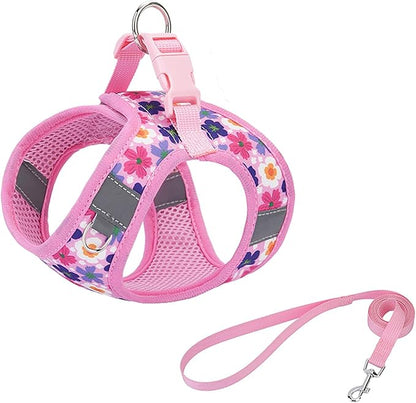Small Dog Harness Cute Pink Flowers Step in Vest Harness Mesh Padded Soft Harness for Small Medium Dogs Cats
