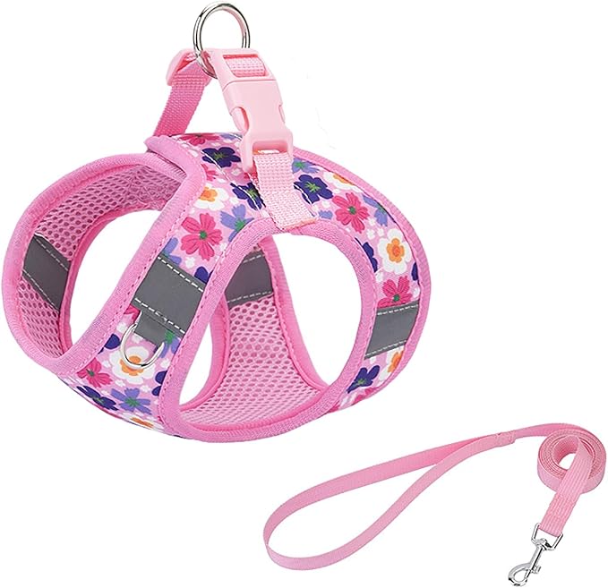 Small Dog Harness Cute Pink Flowers Step in Vest Harness Mesh Padded Soft Harness for Small Medium Dogs Cats
