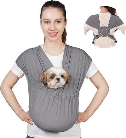 Supet Dog Sling Carrier for Small Pets, Hands Free Cat Sling, Reducing Back Neck Pain Anti-Anxiety Puppy Front, Adjustable Soft Dog Carrying (Grey, Plus 7-15 Lbs)