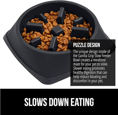 GORILLA GRIP Patented BPA Free Slow Feeder Dog Bowls, Interactive Puzzle Toy for Dogs and Cats Food Training Enrichment, Keeps Pets Busy and Prevents Puppy Overeating, All Breeds, 2 Cup, Black