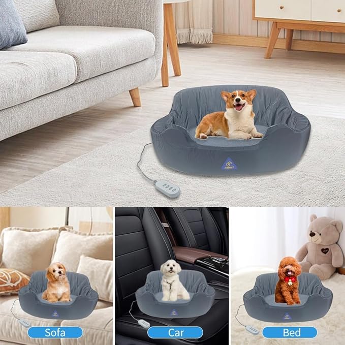 Self-Heating Pet Bed with Adjustable Heat & Reversible Design - 3 Temperature Settings, Removable Washable Cover, Waterproof & Non-Slip Base for Dogs and Cats, Grey
