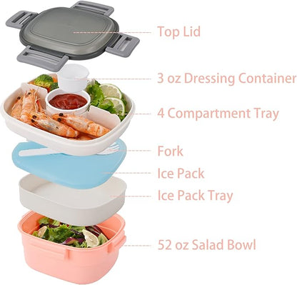 Freshmage Salad Container for Lunch with Ice Pack, Leakproof BPA-Free 52-oz Lunch Container with 4 Compartments, Salad for Men, Women (Pink+Ice Pack)