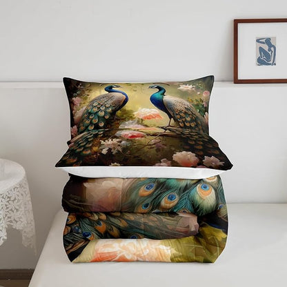 Erosebridal Chic Peacock Bedding Set Twin 3D Jungle Animal Comforter Set Flower Floral Down Comforter Botanical Quilted Duvet Dark Gold Men Women Lady Woodland Wildlife Bedroom Décoration 2 Piece