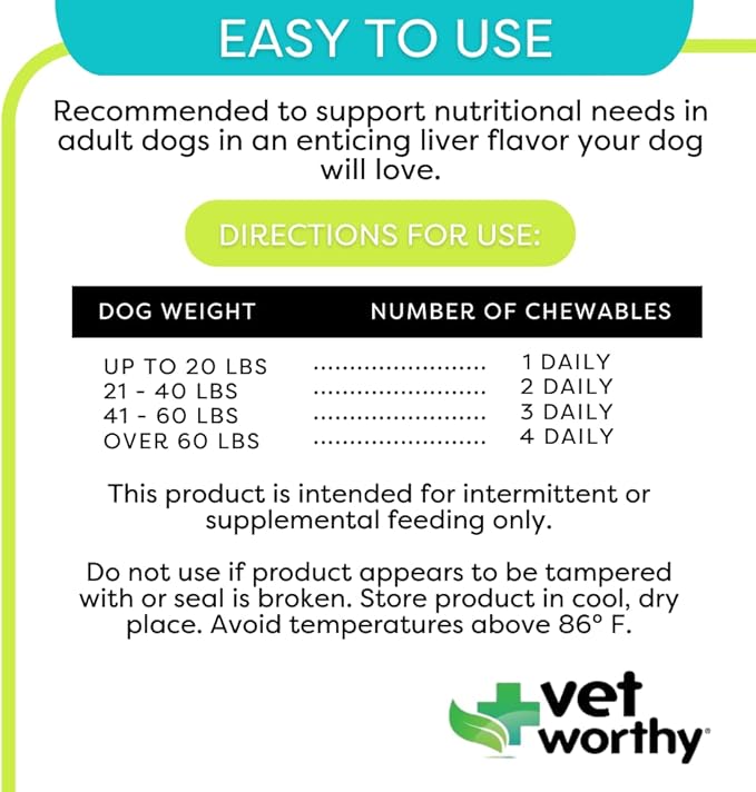 Vet Worthy Adult Multi Vitamins - Multivitamin for Dogs to Support Optimum Health and Overall Wellness - Dog Supplement with Iron, Magnesium, Zinc, Vitamin A, B Vitamins - Liver Flavor, 60 Tablets