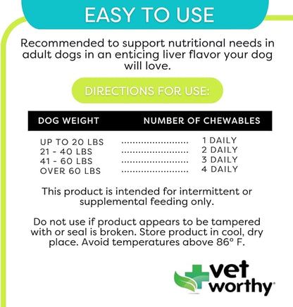 Vet Worthy Adult Multi Vitamins - Multivitamin for Dogs to Support Optimum Health and Overall Wellness - Dog Supplement with Iron, Magnesium, Zinc, Vitamin A, B Vitamins - Liver Flavor, 60 Tablets