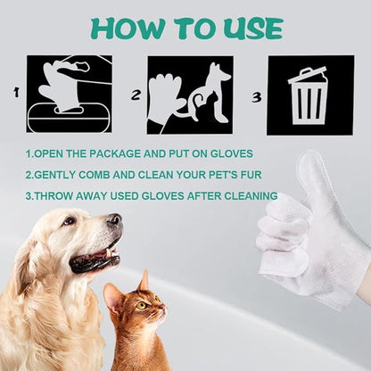 Pet Cleaning Glove Wipes 6 Count | Individually Wrapped Disposable Grooming Glove Wipes with Aloe & Jojoba Oil, Waterless No-Rinse Odor Control, Lick-Safe Five-Finger Design for Dogs&Cats