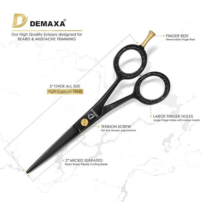 DEMAXA 5" Professional Mustache Scissors Beard Scissors for Men with Fine tip Tweezers 1 Mustache Comb 1 Beard Comb & Pouch – Beard Trimming kit & Mustache Kit (Black Shears With Tweezer)