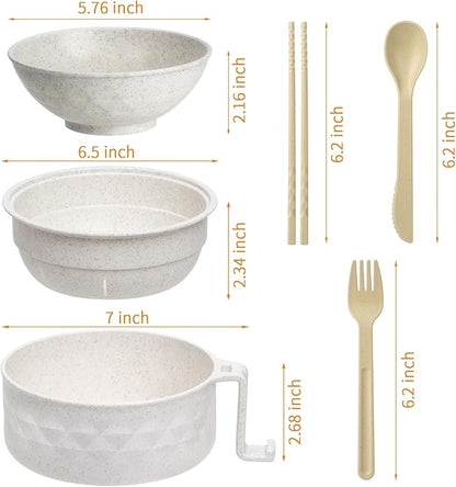 Ramen Bowl Set,Microwave Ramen Cooker Instant Noodles Bowl with Chopsticks Spoon,Rapid Ramen Noodle Bowl, Portable Noodle Bowls,for Home Office Dorm Room College gift(Beige)