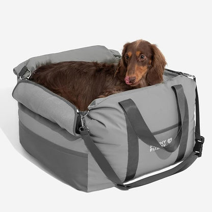 FUNNY FUZZY Waterproof Dog Car Seat for Small & Medium Dogs Up to 35lbs, Detachable & Washable Pet Booster Seat with Leash, Thick Cushion, Storage Pockets & Adjustable Straps (Grey)