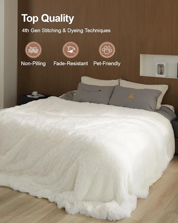 Pawque Luxury Faux Fur Throw Blanket, Super Soft King Size Throw Blankets 90x90 inches, Decorative Blankets for Sofa Couch Bed Chair Photo Props, Breathable & Washable, Cream