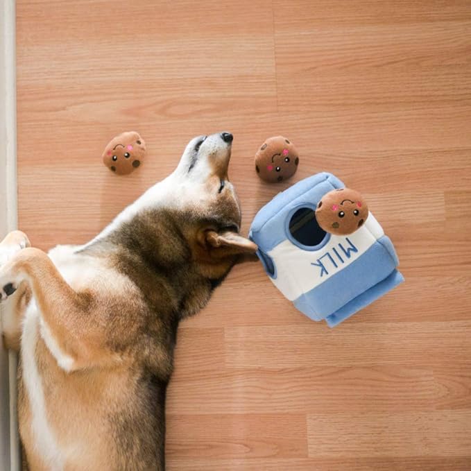 ZippyPaws Burrow- Interactive Dog & Puppy Toys for Boredom, Stimulating Pet Products to Keep them Busy, Hide & Seek Plush Puzzles, Squeaky Toy for Enrichment, For Small & Medium Dogs- Milk and Cookies