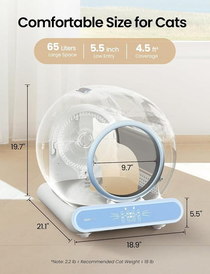 Self Cleaning Litter Box, Integrated Safety Automatic Cat Litter Box Self Cleaning 65L+9L for Multiple Cats, App Control, Odor Removal, Includes Mat & Liner (3 Rolls) - Blue