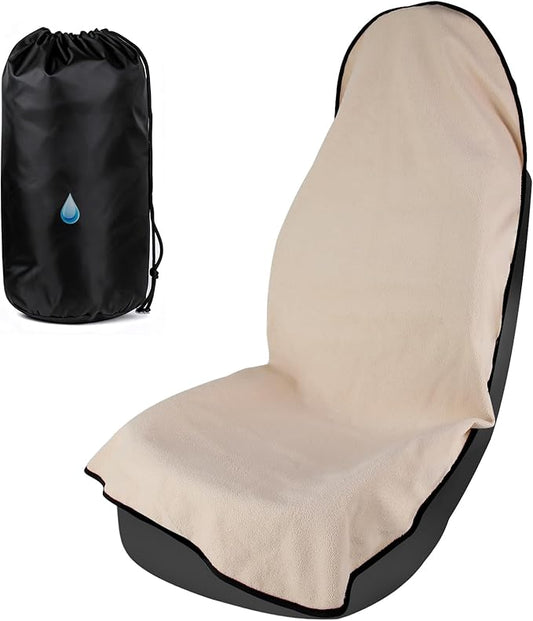 550g Heavy Duty Towel Car Seat Cover, Waterproof Sweat Protector for Post-Gym & Beach, Non-Slip Microfiber Bucket Seat Mat for Sedans SUV Minivans, Machine Washable (Beige, 1-Pack)