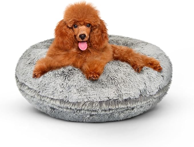 Bessie and Barnie - Luxury Extra Plush Faux Fur Bagel Pet/Dog Bed (Frosted Snow, Me)