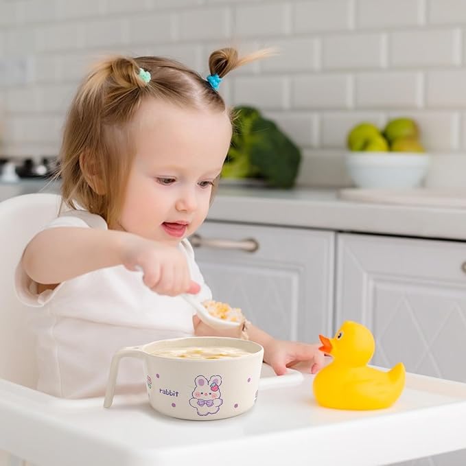 shopwithgreen Bamboo Kids Bowls Set, 4 Reusable Small Bowls for Baby Toddlers, Dinnerware Cereal Snack Soup Rice Bowl with 4 Spoons & Forks, Dishwasher Safe Bamboo Baby Food Bowls, BPA Free, 14.5 OZ