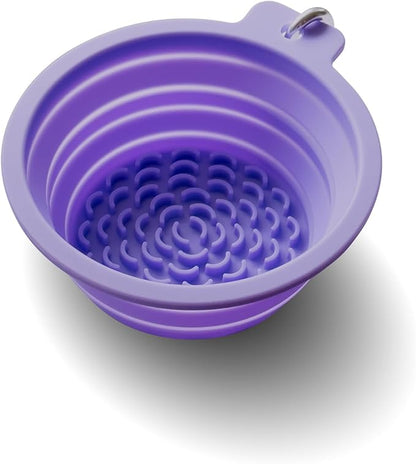 PetDreamHouse Collapsible Silicone Travel Dog Bowl with Lick Mat Bottom & Carabiner, Purple – Holds Up to 3 Cups, Medium Portable Food & Water Bowl for All Dog Sizes, BPA-Free for Hiking & Travel