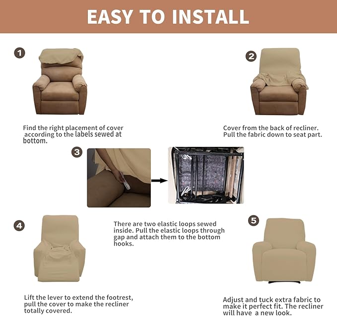 Easy-Going 100% Waterproof Recliner Cover, Dual Waterproof Couch Cover for Recliner, 1- Piece Jacquard Sofa Cover, Leakproof Sofa Slipcover for Kids, Pets, Dog and Cat (Recliner, Sand)